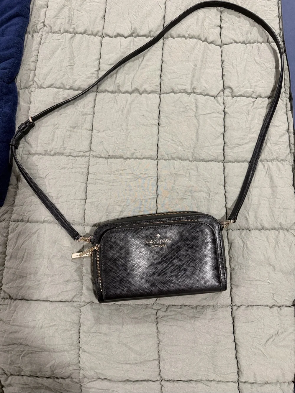 kate spade black leather double-zip crossbody with gold hardware